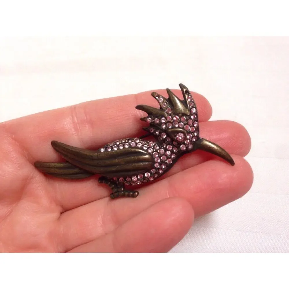 Vintage Giovanni Antique Brass Pink Sparkle Roadrunner Desert Bird Pin Brooch